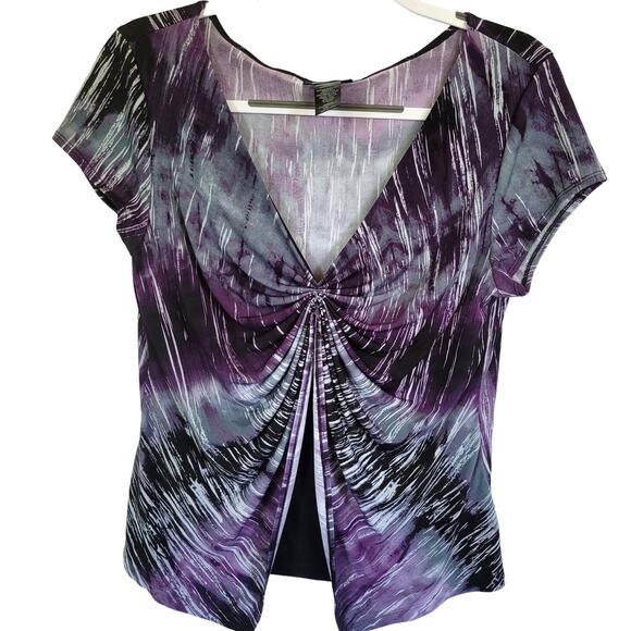 Y2K Purple Black White V Neck Short Sleeve Womens Joei and I Blouse Size Large - Picture 1 of 9
